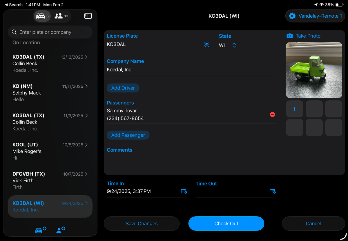 Vehicle Check-In Details